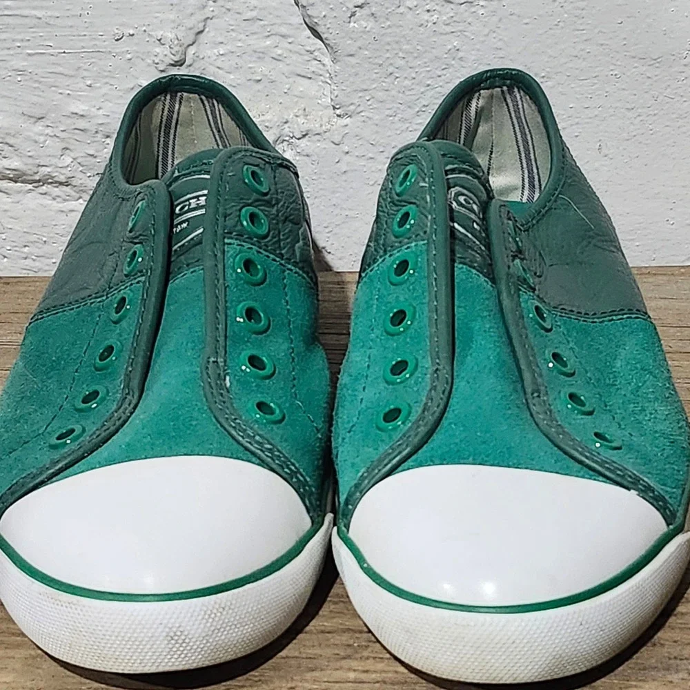 Coach 90s Mika Green Leather Suede Embossed Logo Low Top Sneaker Women 9 Cap Toe